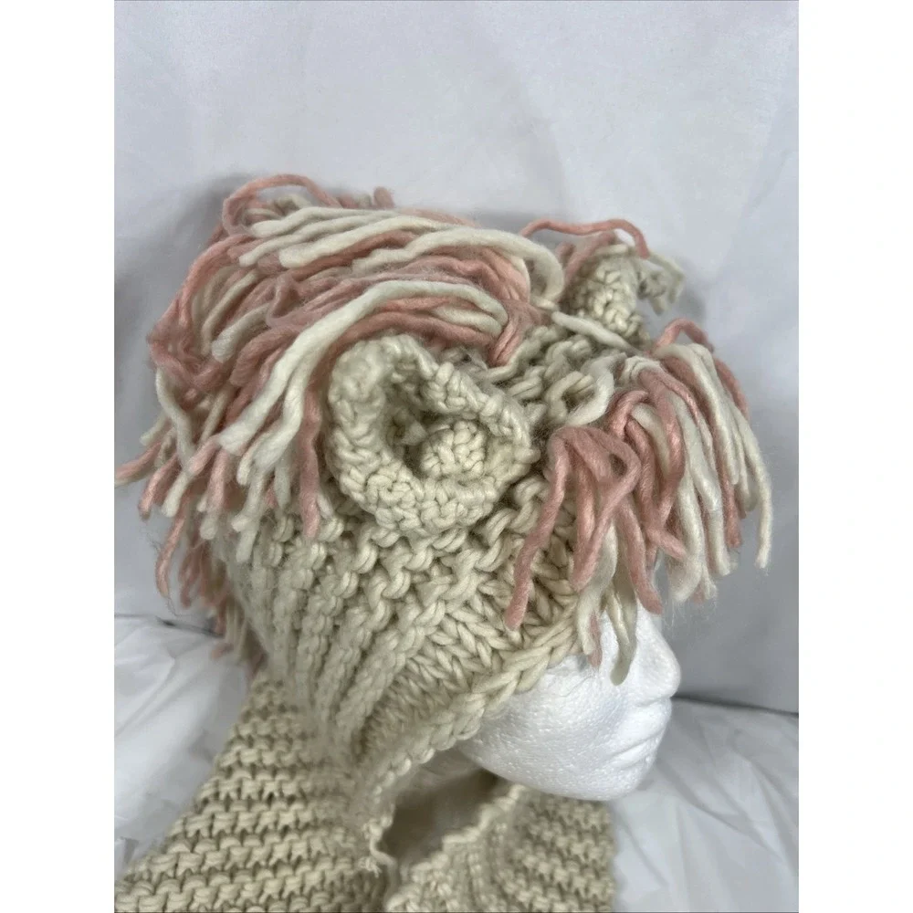 Girl's Crochet Hooded Scarf with‎ Ears/Mane/ Pink/Cream with Pockets